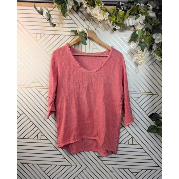 Catwalk Studio Women's Blouse Linen Blend Relaxed 3/4 Sleeve Tunic Raw Hem S/M - Picture 1 of 8